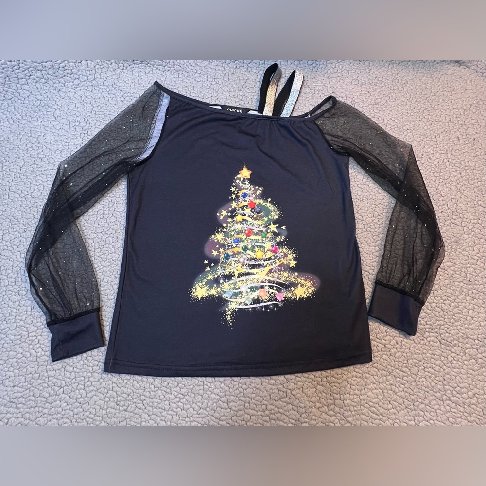Chic Me Black Cold Shoulder Christmas Tree Blouse Juniors Size Small Black